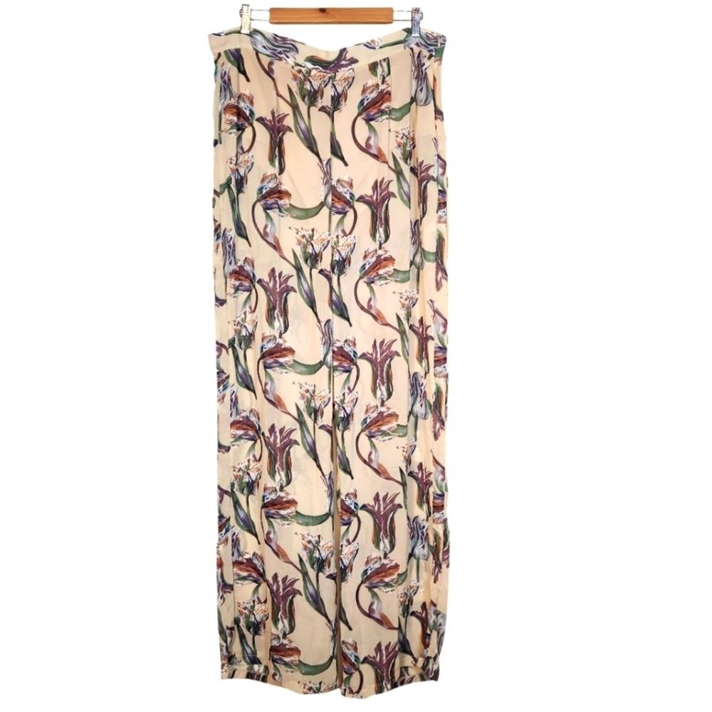 NWT PrettyLittleThing Floral Wide Leg‎ Sheer Pants Cream Pink 14 Festival Resort